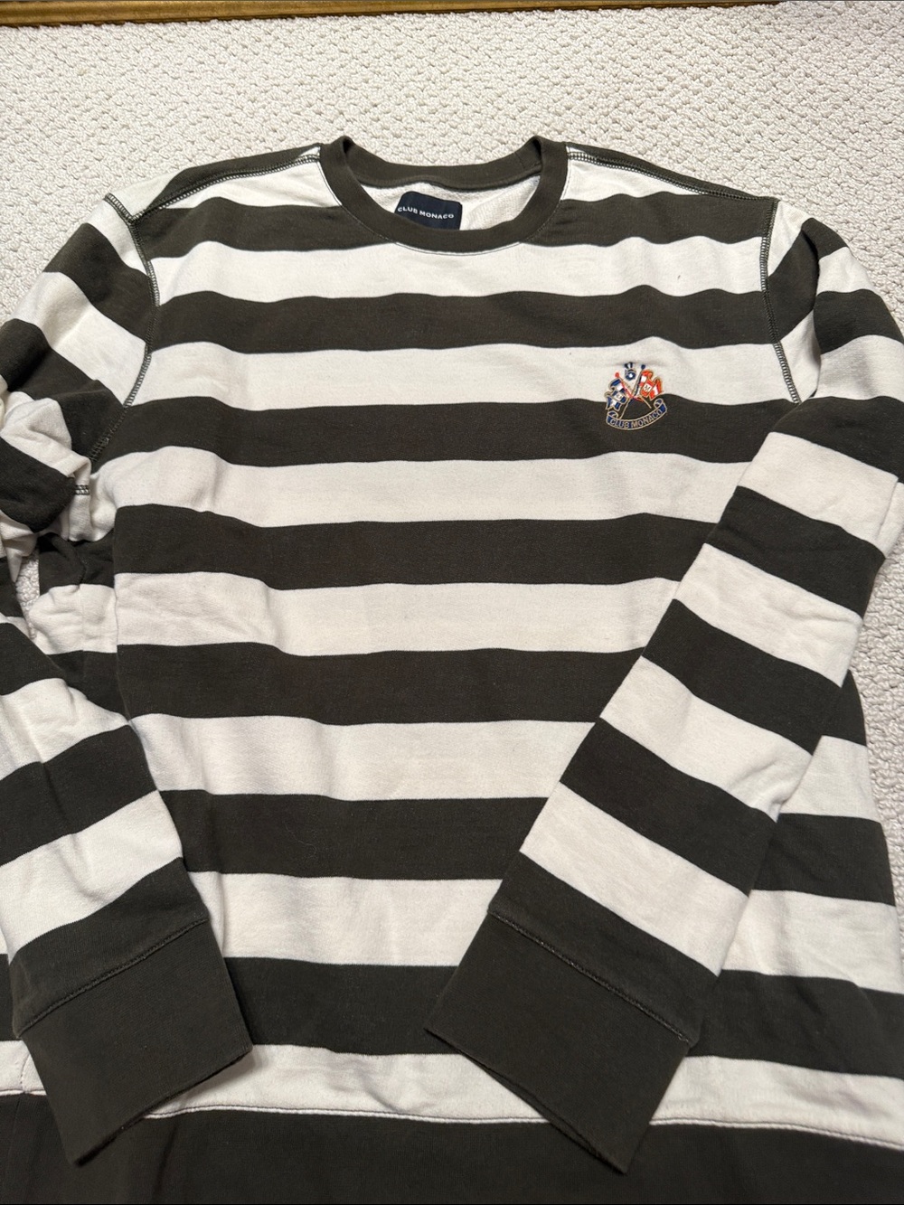 Club Monaco Black and White Striped Crewneck Sweatshirt